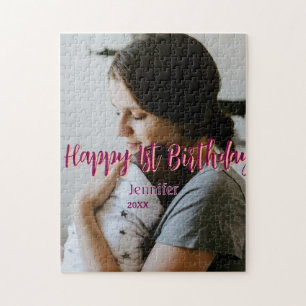 Happy 1st birthday kids baby mother red orange sty jigsaw puzzle