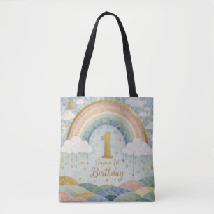 Happy 1st Birthday Mosaic Rainbow Cloud Design Tote Bag