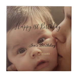 Happy 1st birthday name photo date stylish calligr ceramic tile