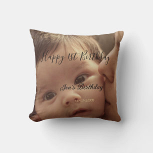 Happy 1st birthday name photo date stylish calligr cushion