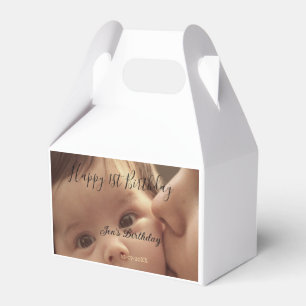 Happy 1st birthday name photo date stylish calligr favour box