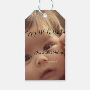 Happy 1st birthday name photo date stylish calligr gift tags