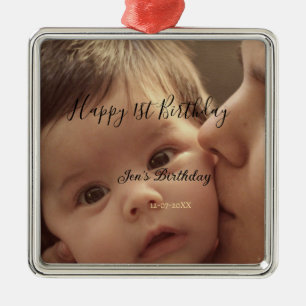 Happy 1st birthday name photo date stylish calligr metal ornament