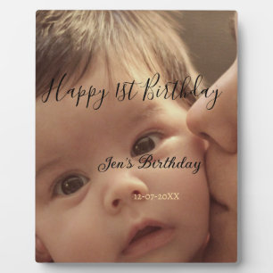 Happy 1st birthday name photo date stylish calligr plaque
