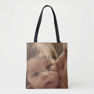 Happy 1st birthday name photo date stylish calligr tote bag