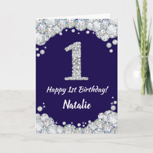Happy 1st Birthday Navy Blue and Silver Glitter Card