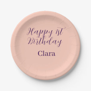 Happy 1st birthday orange purple boho retro name paper plate
