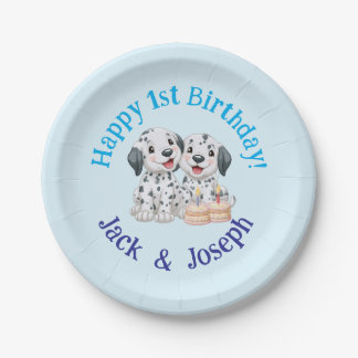 Happy 1st Birthday Party Twin Boys, Cute Puppies Paper Plate