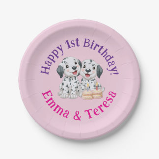 Happy 1st Birthday Party Twin Girls, Puppies Paper Plate