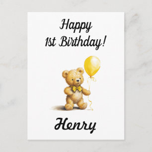 Happy 1st Birthday, Personalised Teddy Bear Card,  Postcard