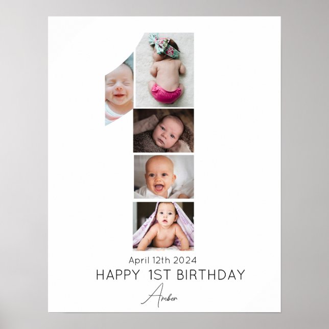 Happy 1st Birthday Photo Collage Template 5 Photo Poster (Front)