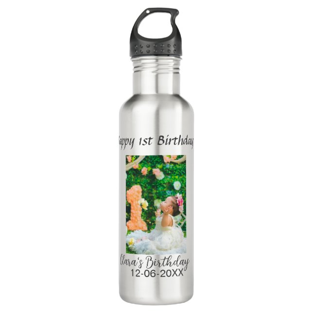 Happy 1st birthday photo simple elegant cutemodern 710 ml water bottle (Front)