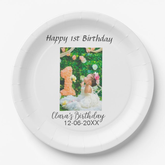 Happy 1st birthday photo simple elegant cutemodern paper plate (Front)