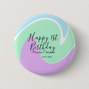 Happy 1st birthday pink green blue acrylic pour 6 cm round badge