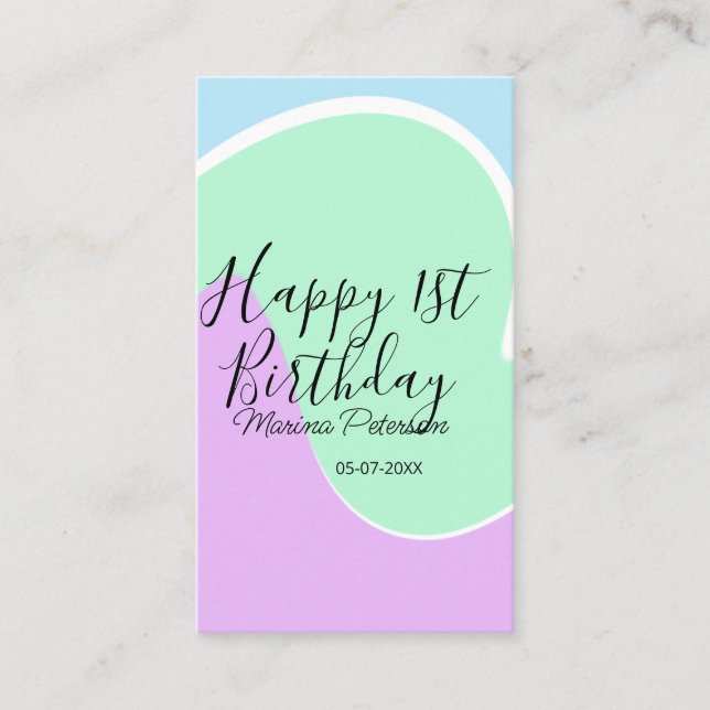 Happy 1st birthday pink green blue acrylic pour  business card (Front)