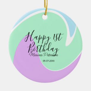 Happy 1st birthday pink green blue acrylic pour ceramic ornament