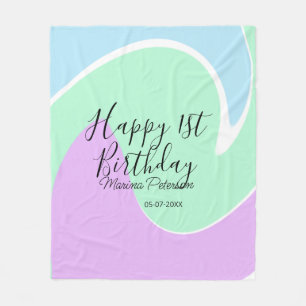 Happy 1st birthday pink green blue acrylic pour fleece blanket