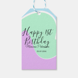 Happy 1st birthday pink green blue acrylic pour gift tags
