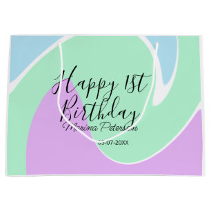 Happy 1st birthday pink green blue acrylic pour large gift bag