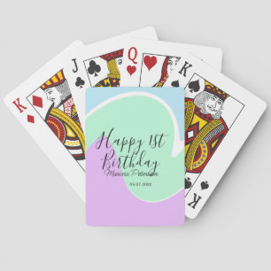Happy 1st birthday pink green blue acrylic pour playing cards
