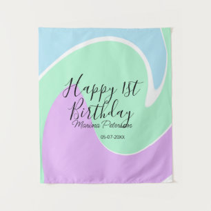 Happy 1st birthday pink green blue acrylic pour  tapestry