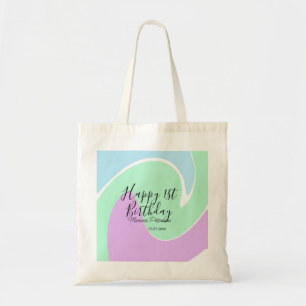 Happy 1st birthday pink green blue acrylic pour tote bag