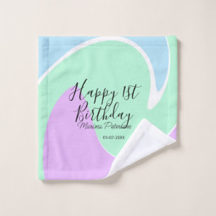 Happy 1st birthday pink green blue acrylic pour wash cloth