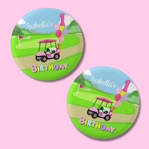 Happy 1st Birthday Polka Dot Pink Girly Golf  3 Cm Round Badge