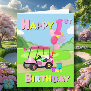 Happy 1st Birthday Polka Dot Pink Girly Golf Card