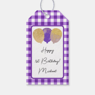 Happy 1st Birthday & Purple Gingham & Balloons Gift Tags
