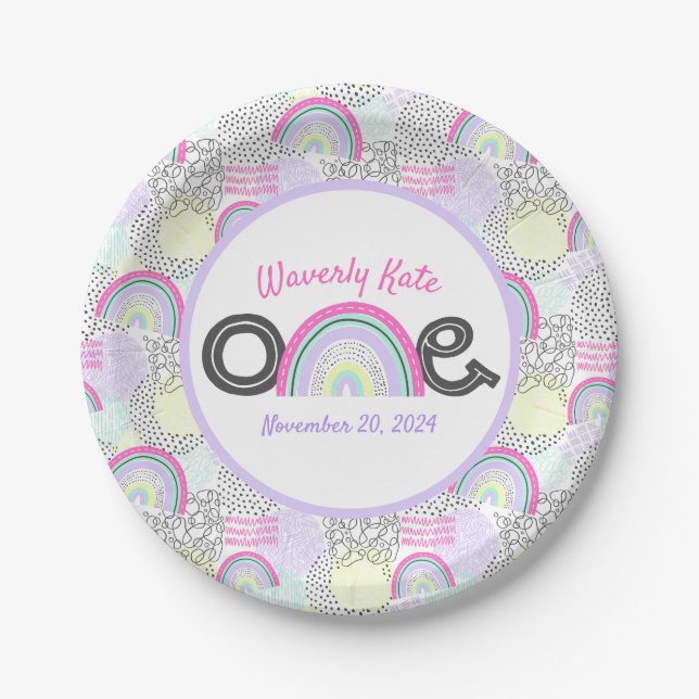 Happy 1st Birthday Rainbow 90's Baby Girl's Party Paper Plate (Front)