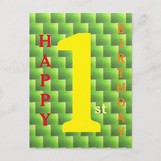 Happy 1st Birthday red orange yellow green wicker Postcard (Front)