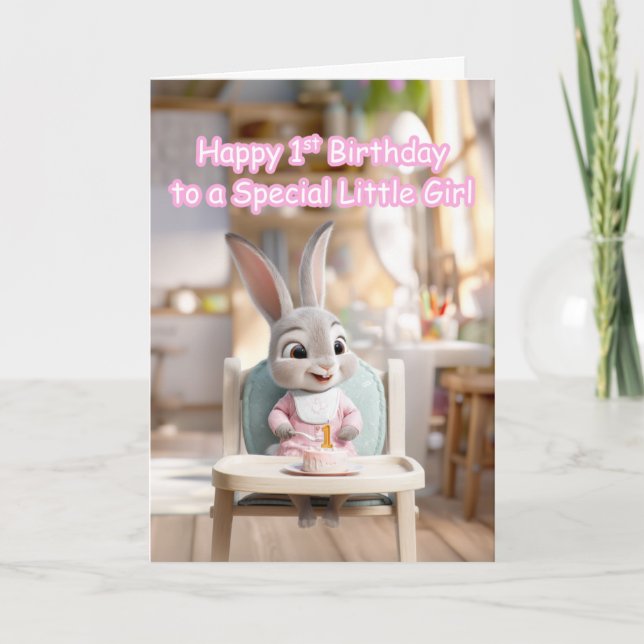 Happy 1st Birthday Special Little Girl Bunny Card (Front)