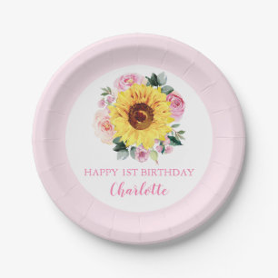 Happy 1st Birthday Sunflower Pink Floral Paper Plate