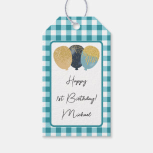 Happy 1st Birthday & Teal Blue Gingham & Balloons Gift Tags