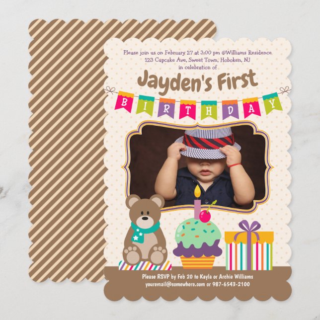 Happy 1st Birthday Teddybear Cupcake Bunting Photo Invitation (Front/Back)