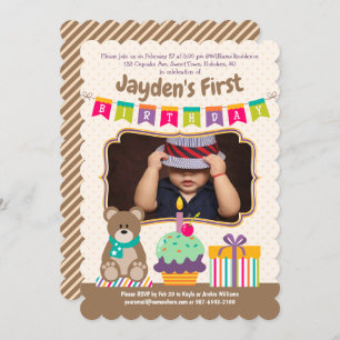 Happy 1st Birthday Teddybear Cupcake Bunting Photo Invitation