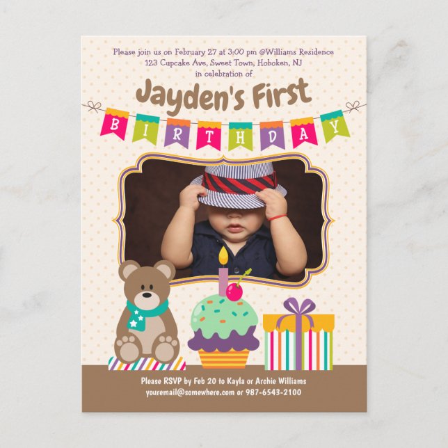 Happy 1st Birthday Teddybear Cupcake Bunting Photo Invitation Postcard (Front)