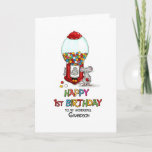 Happy 1st Birthday to my wonderful Grandson Card<br><div class="desc">Happy 1st Birthday to my wonderful Grandson. Artist's Notes: This humourous Design shows a gumball machine with a lot of gumballs in it. There is a little shy mouse in front of the machine holding a gumball in his hand. A cute way to wish or send sweet and colourful Birthday...</div>