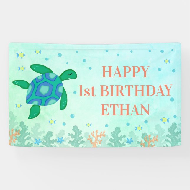 Happy 1st Birthday Turtle Under The Sea Banner (Horizontal)