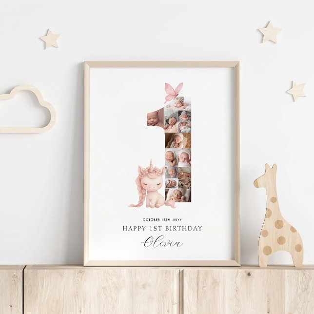 Happy 1st Birthday Unicorn Photo Collage Poster (Creator Uploaded)
