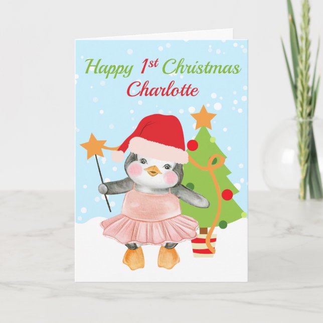 Happy 1st Christmas Penguin Ballerina Holiday Card (Front)