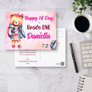 Happy 1st day of school cute teddy bear with a bag postcard