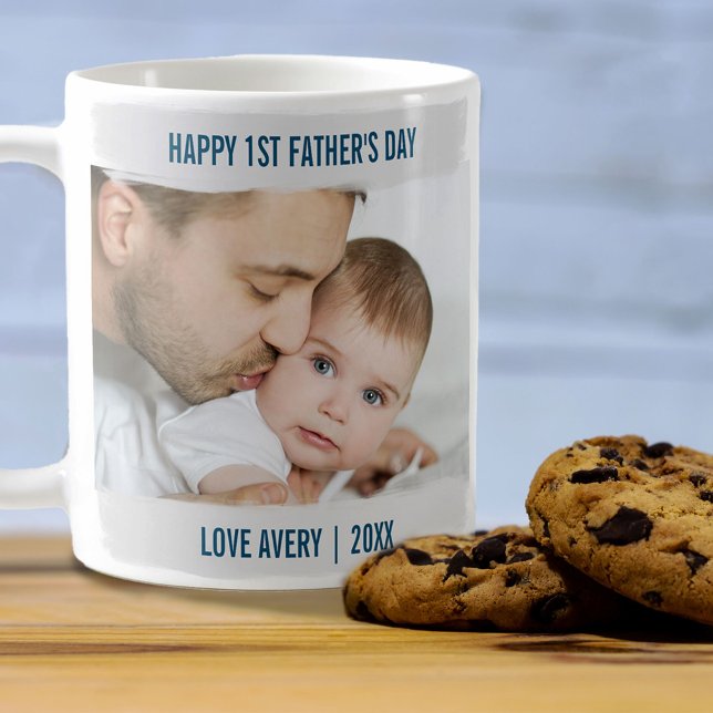 Happy 1st Fathers Day 2 Photo Grey Brushstroke Coffee Mug (Creator Uploaded)