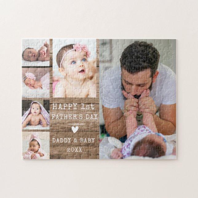 Happy 1st Father's Day 6 Photo Collage Rustic Wood Jigsaw Puzzle (Horizontal)