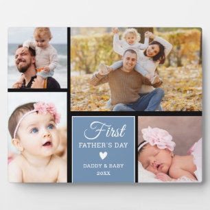 Happy 1st Father's Day Black Blue 4 photo Collage Plaque