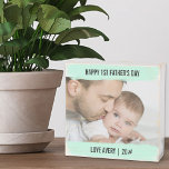 Happy 1st Fathers Day Custom Baby Photo Aqua Mint Wooden Box Sign<br><div class="desc">This personalised wooden box sign is a trendy photo gift for a new dad. The wording is fully editable and reads "Happy 1st Father's Day Love [name] | [year]". The photo template is set up ready for you to add one of your favourite baby photos - a landscape photo will...</div>