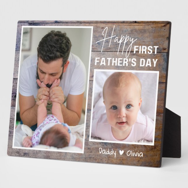 Happy 1st Father's Day New Dad 2 Photo Rustic Wood Plaque (Side)