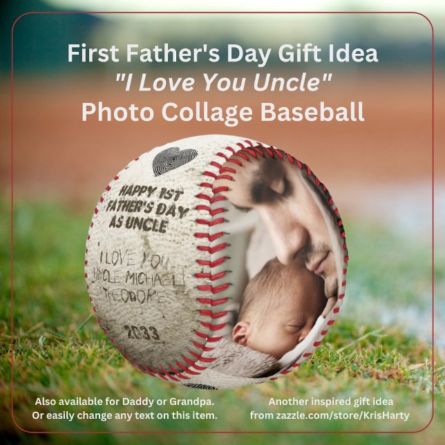 Happy 1st Fathers Day Uncle Photo Collage Keepsake Baseball (Happy First Father's Day as Uncle I Love You Uncle [NAME] 2 Photo Collage Faux Scruffed Up Baseball )