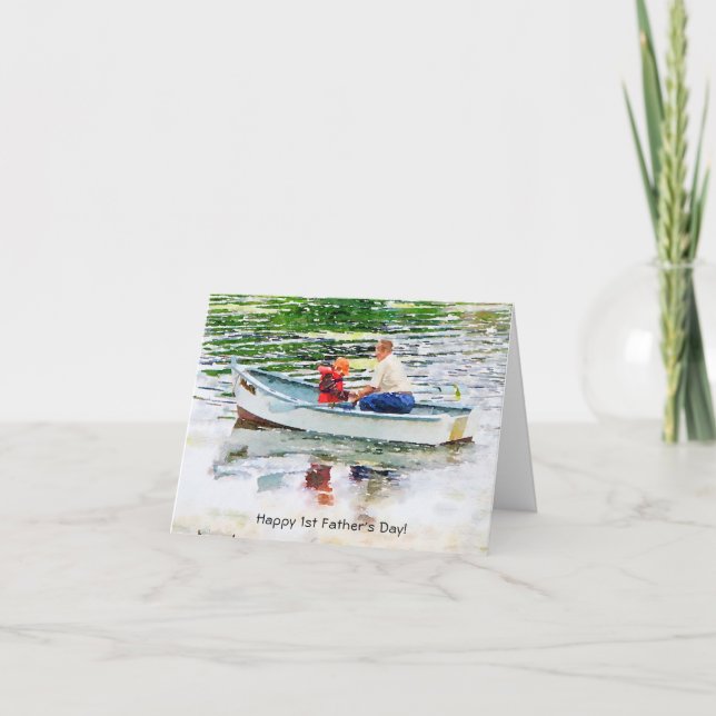 Happy 1st Father's Day Watercolor Boating Scene Card (Front)